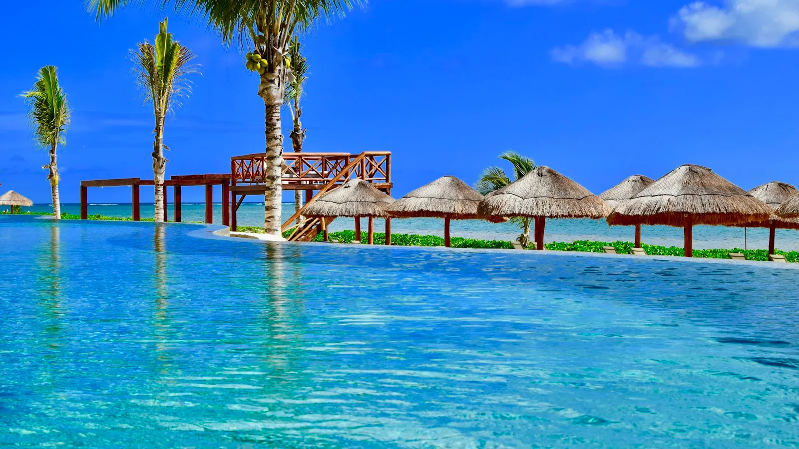 Alberca infinita con palmeras y palapas frente al mar turquesa en Puerto Morelos